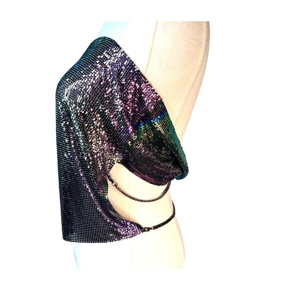 2/$30 Nwt XS Iridescent Purple Sequin Metallic Crop Top Chain Details Open Back - Picture 3 of 8